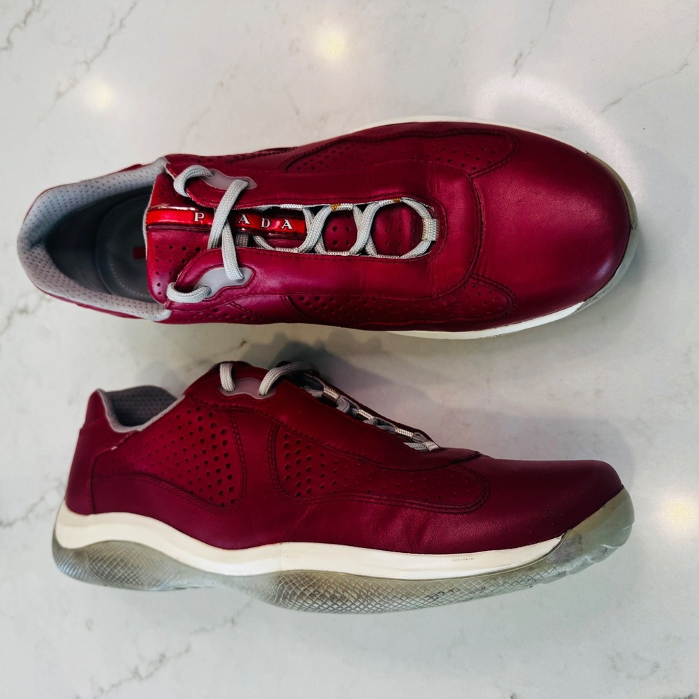 Prada Americas Cup Men 12 Red Leather Sneaker Low Top Trainers Athleisure Sporty - Picture 14 of 14
